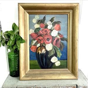 Vintage Flower Painting Red Poppy Poppies Floral Painted Wood Board Signed 14x18